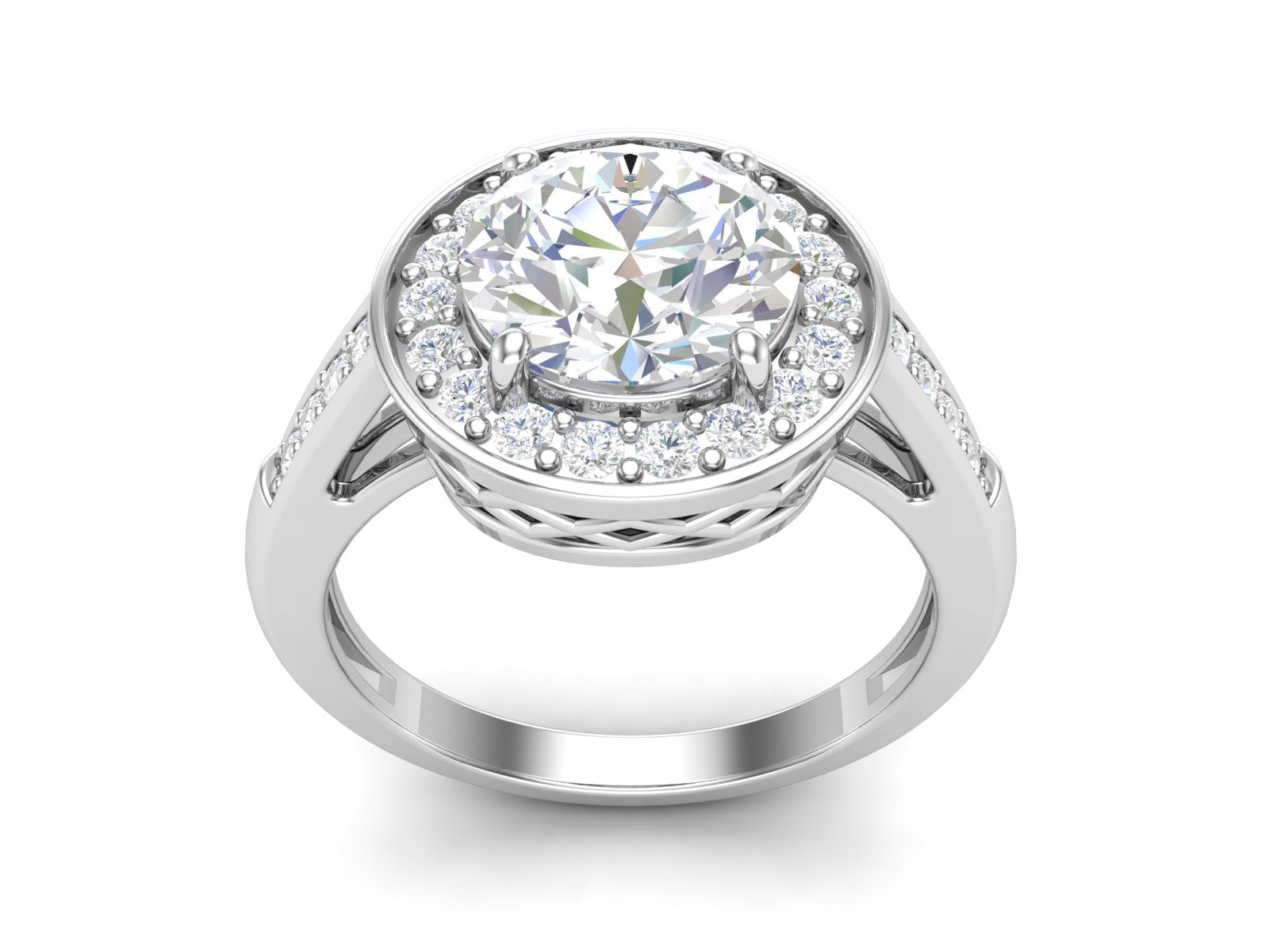 White CZ Solitaire Halo with Lattice Gallery Ring - Sterling Silver