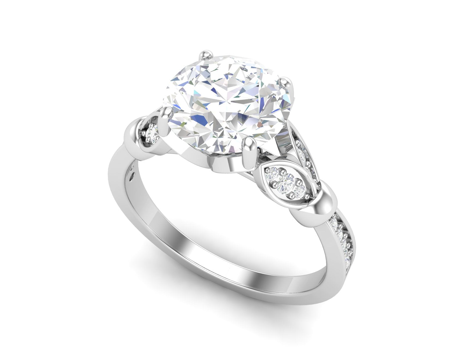 White CZ Solitaire with Leaf Accent Design Ring - Sterling Silver