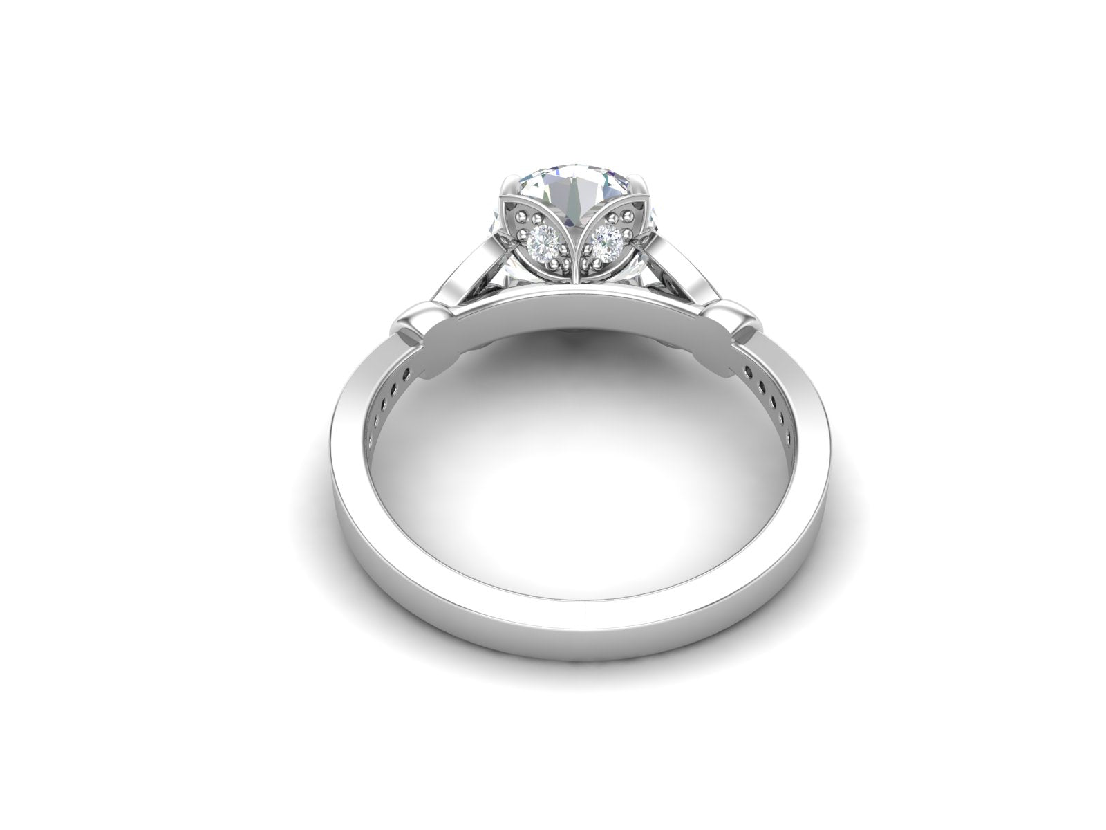 White CZ Solitaire with Leaf Accent Design Ring - Sterling Silver