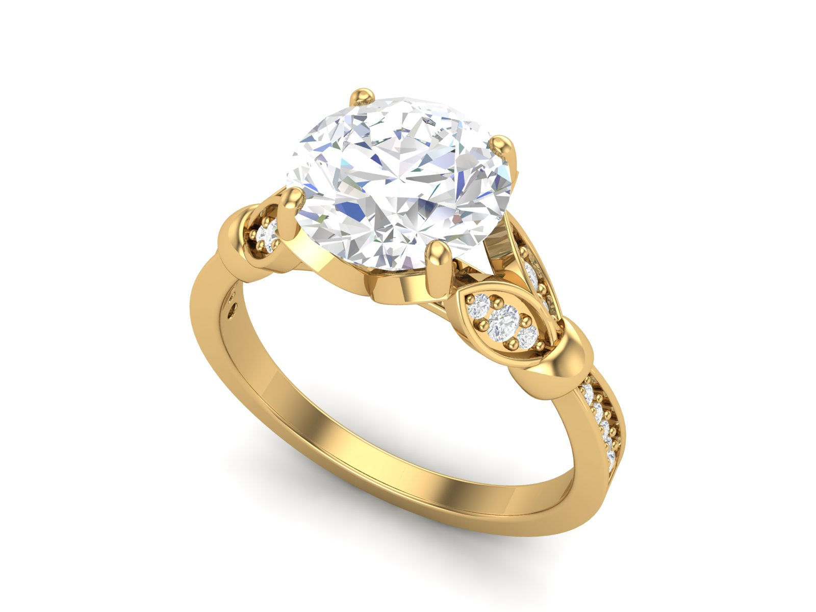 White CZ Solitaire with Leaf Accent Design Ring - Sterling Silver