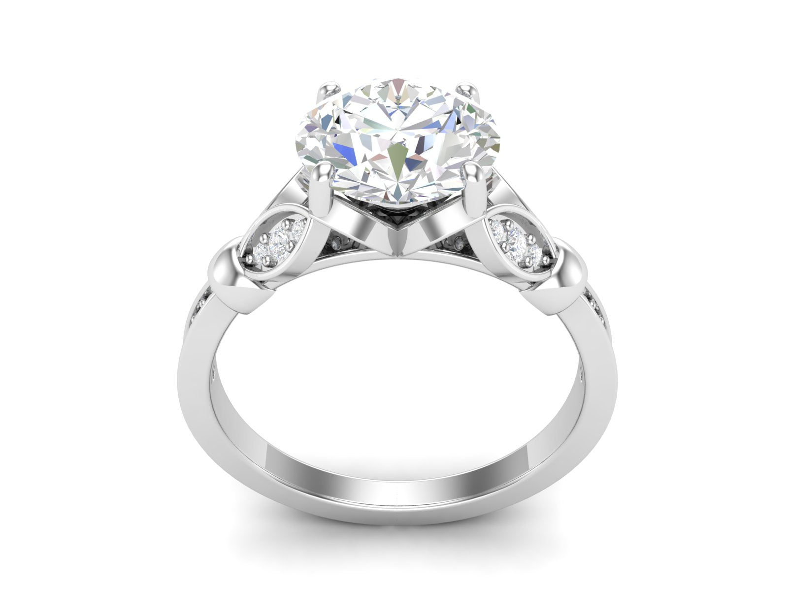 White CZ Solitaire with Leaf Accent Design Ring - Sterling Silver