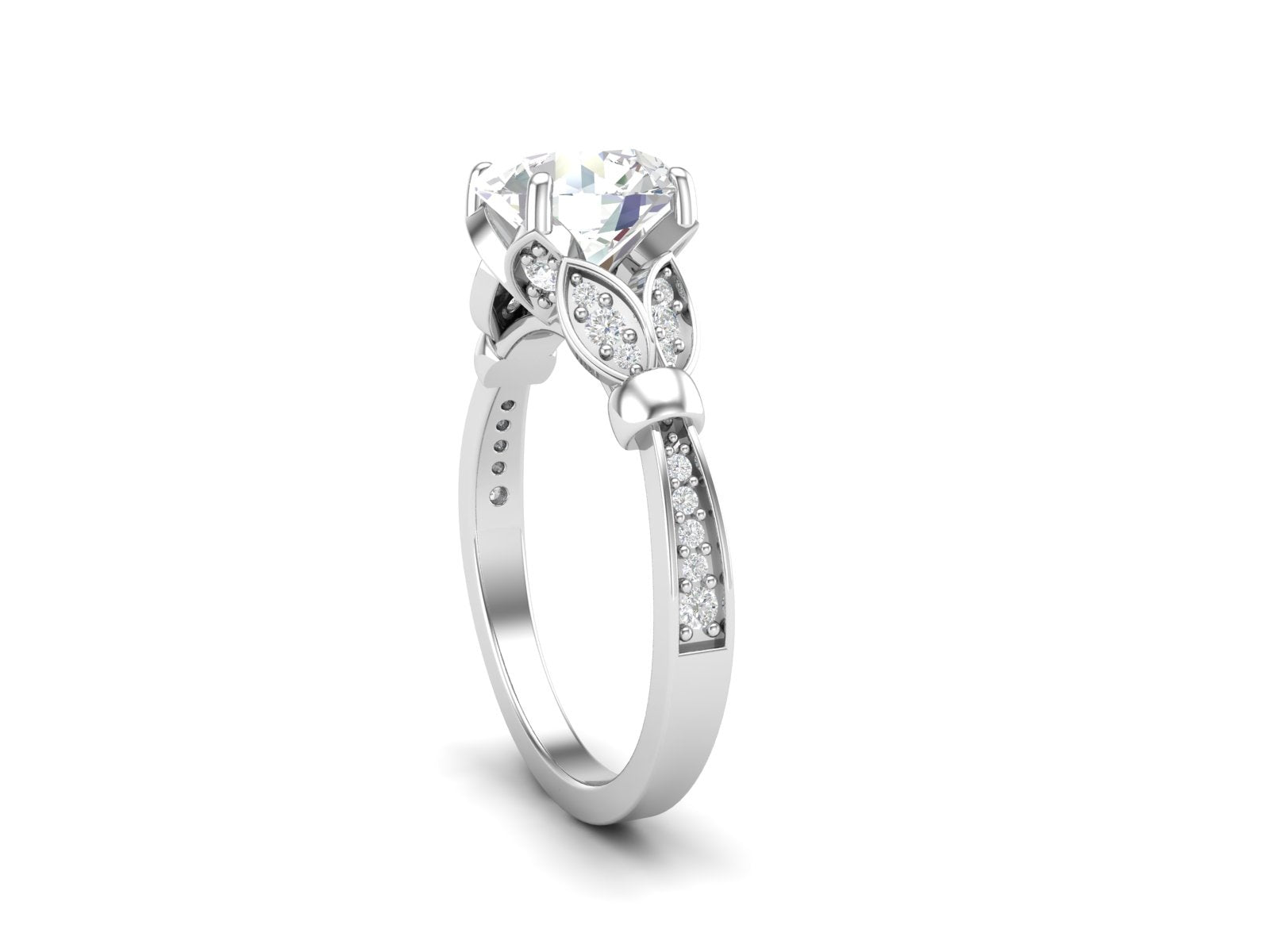 White CZ Solitaire with Leaf Accent Design Ring - Sterling Silver