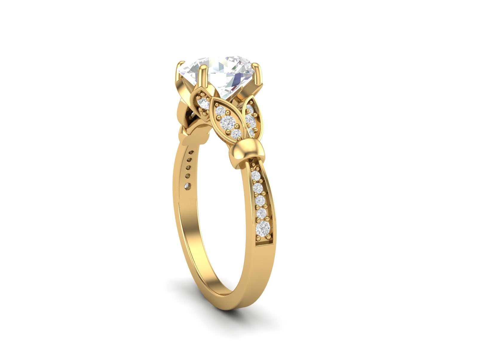 White CZ Solitaire with Leaf Accent Design Ring - Sterling Silver