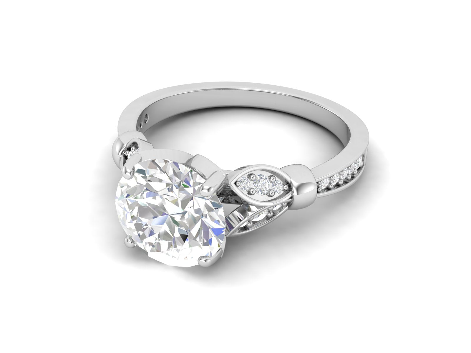 White CZ Solitaire with Leaf Accent Design Ring - Sterling Silver