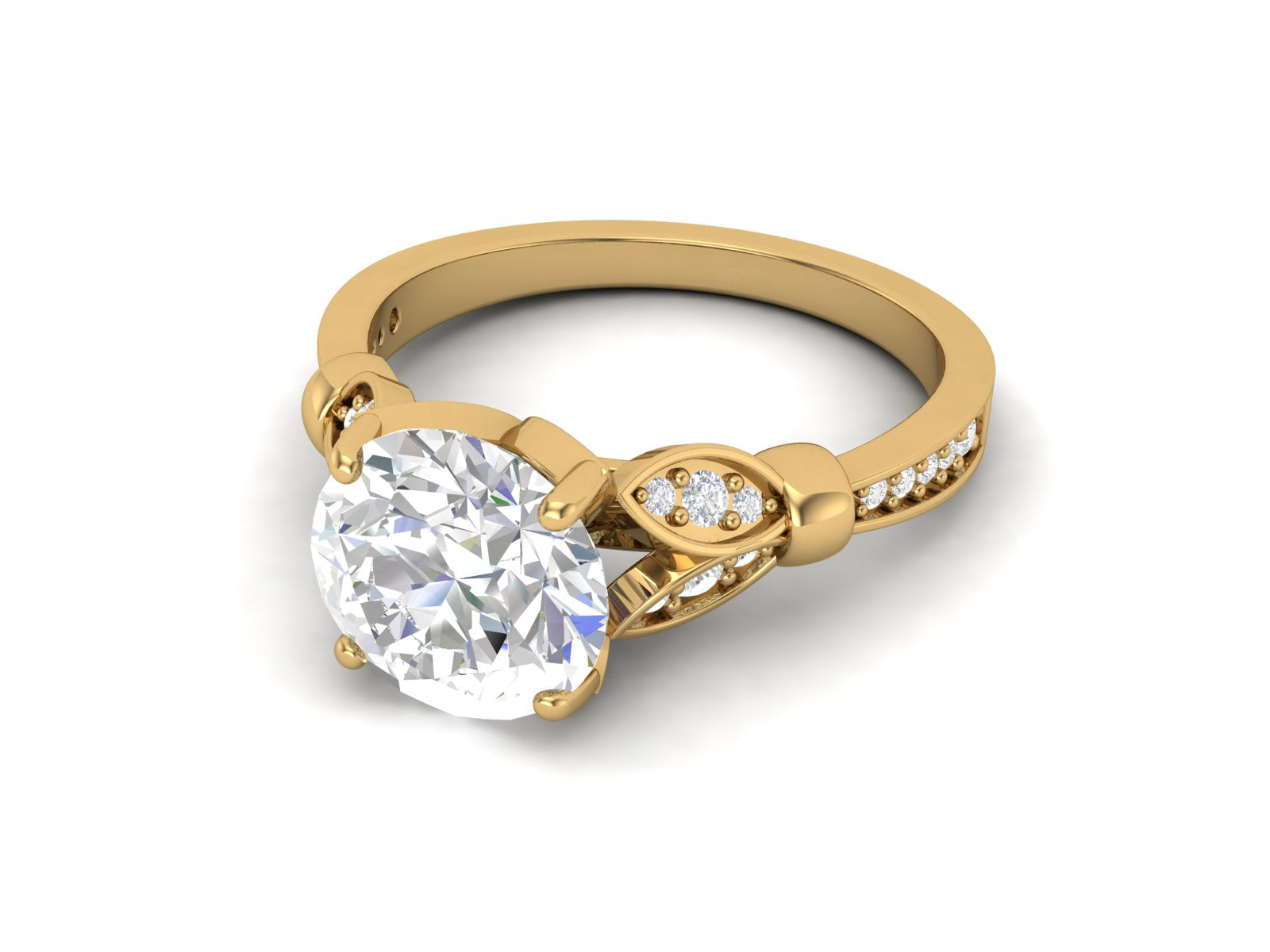White CZ Solitaire with Leaf Accent Design Ring - Sterling Silver