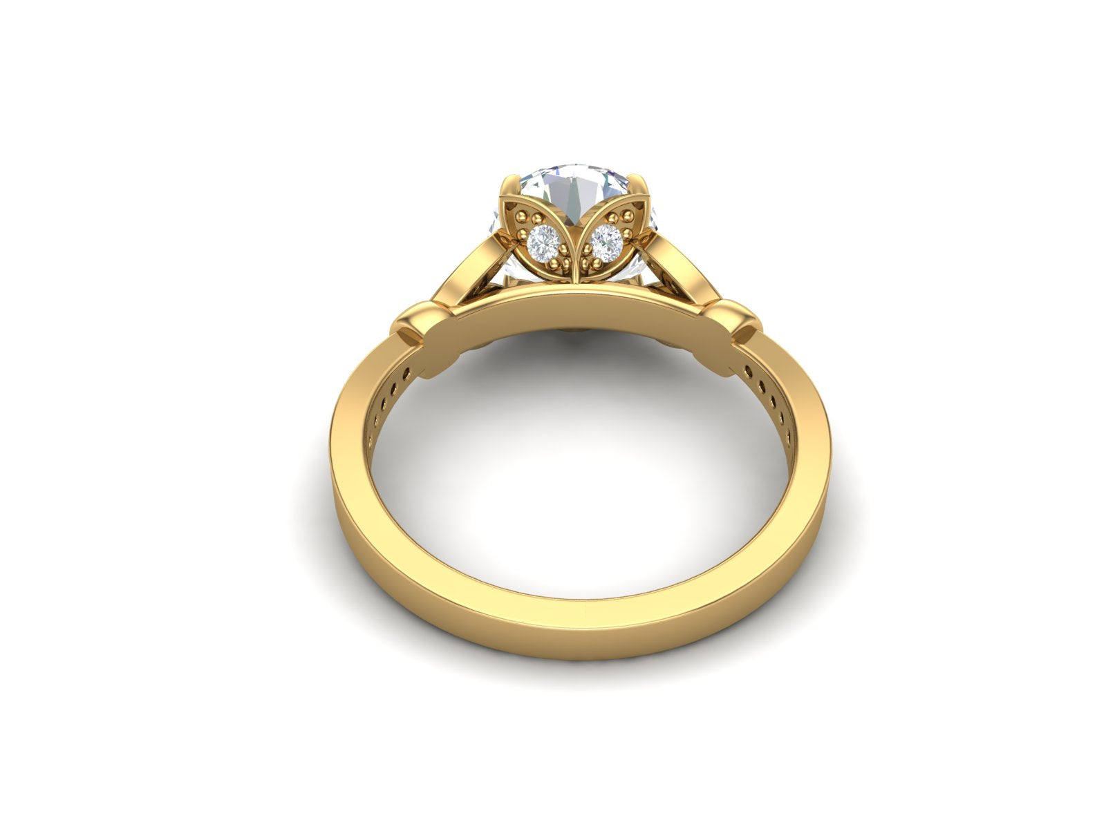 White CZ Solitaire with Leaf Accent Design Ring - Sterling Silver
