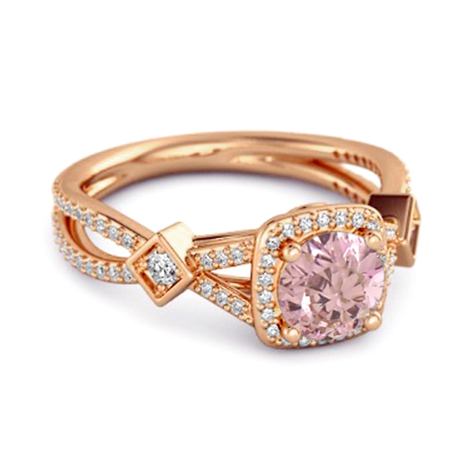 Anello nuziale vintage in argento sterling 925 con zirconi rosa e gambo diviso