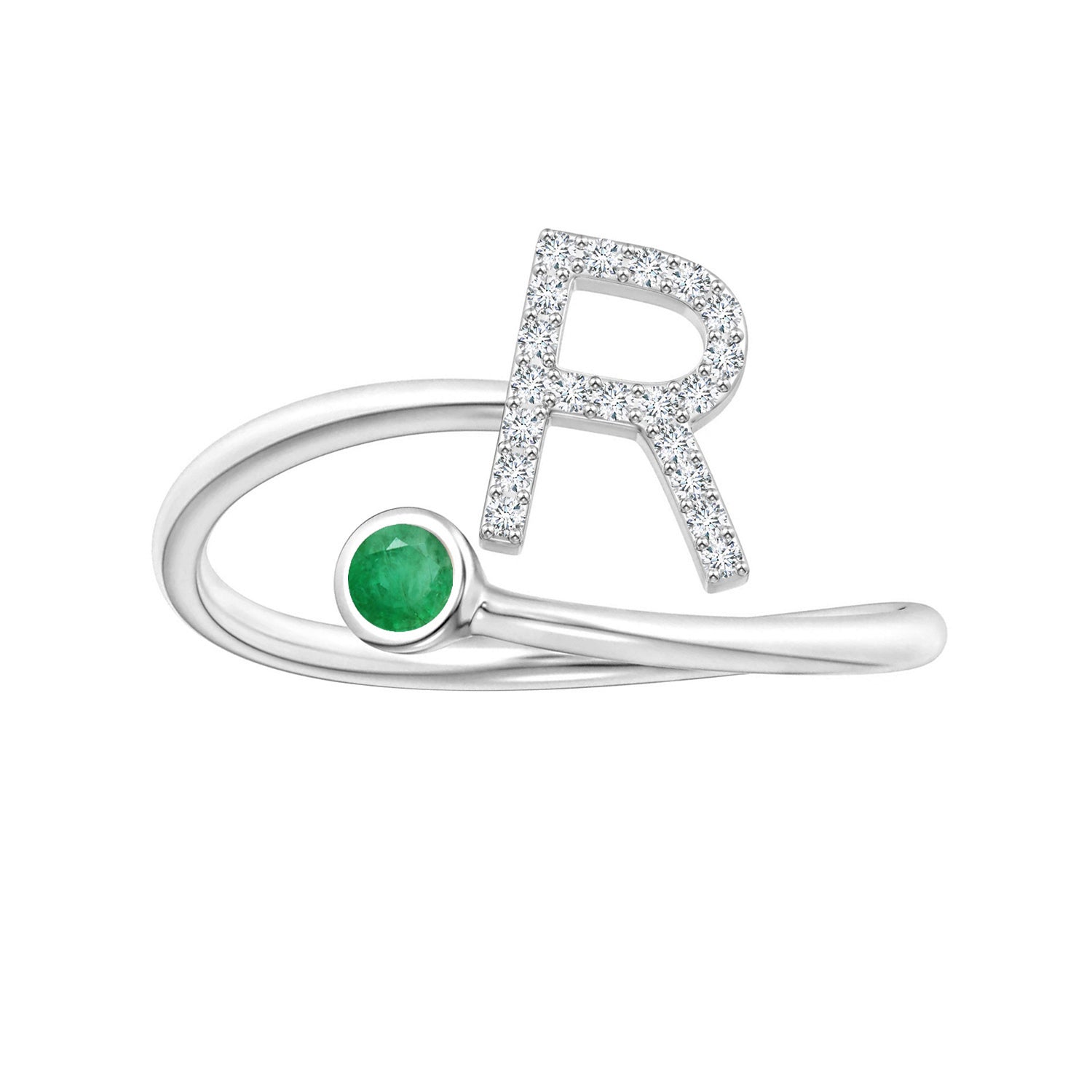Emerald Initials Alphabet Ring - Sterling Silver