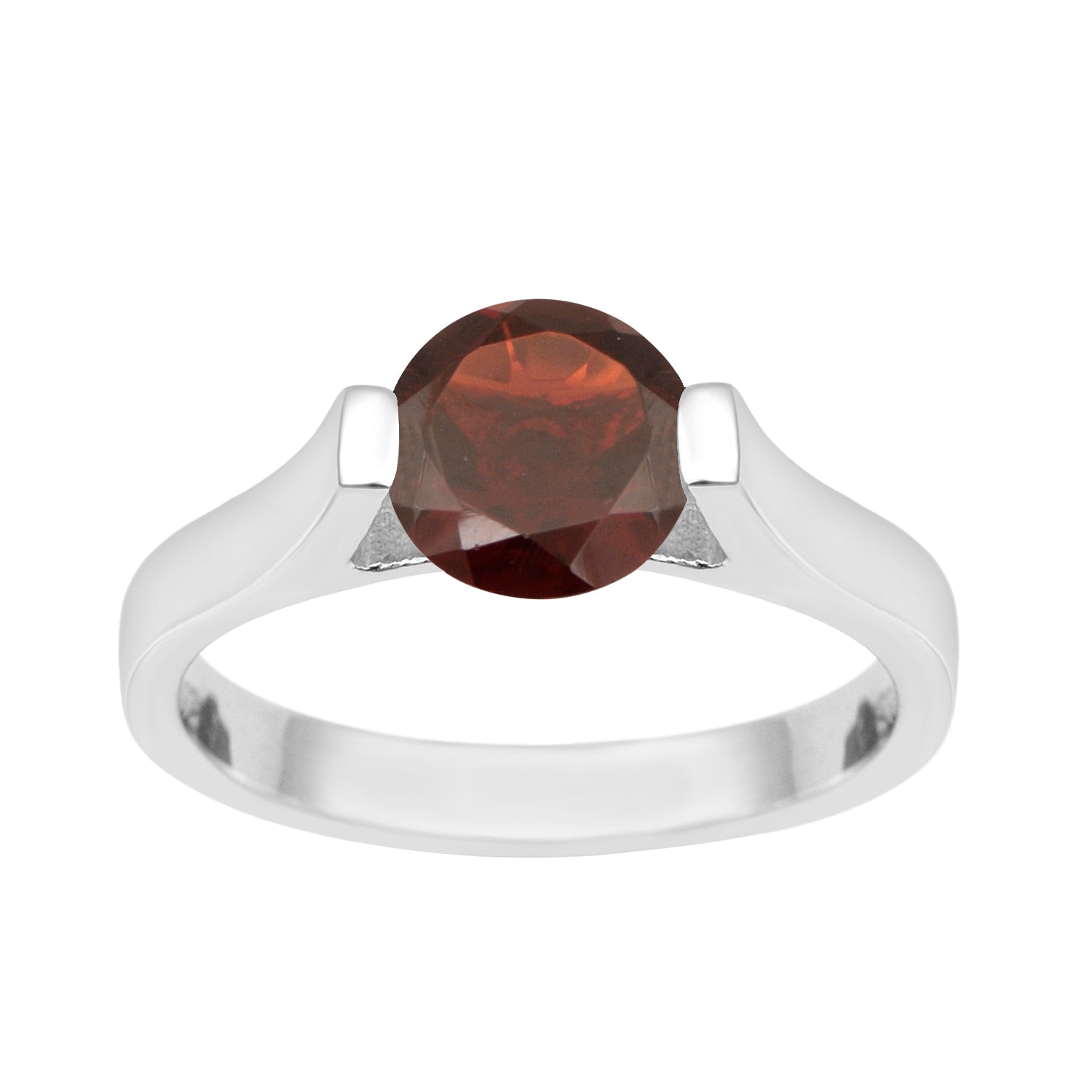 Garnet Round Solitaire Ring -Sterling Silver