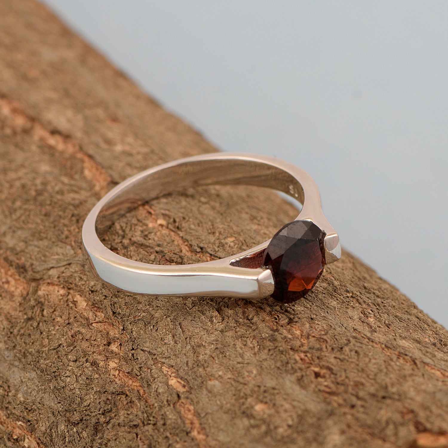 Garnet Round Solitaire Ring -Sterling Silver