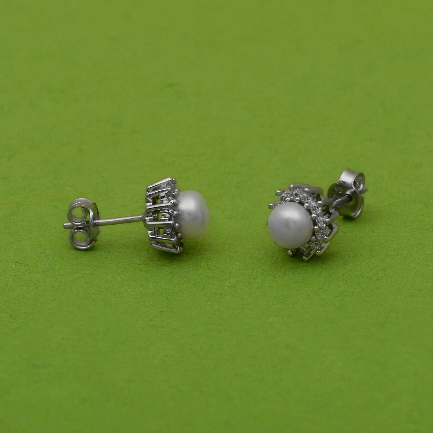 Pearl Solitaire Halo Stud Earrings - Sterling Silver