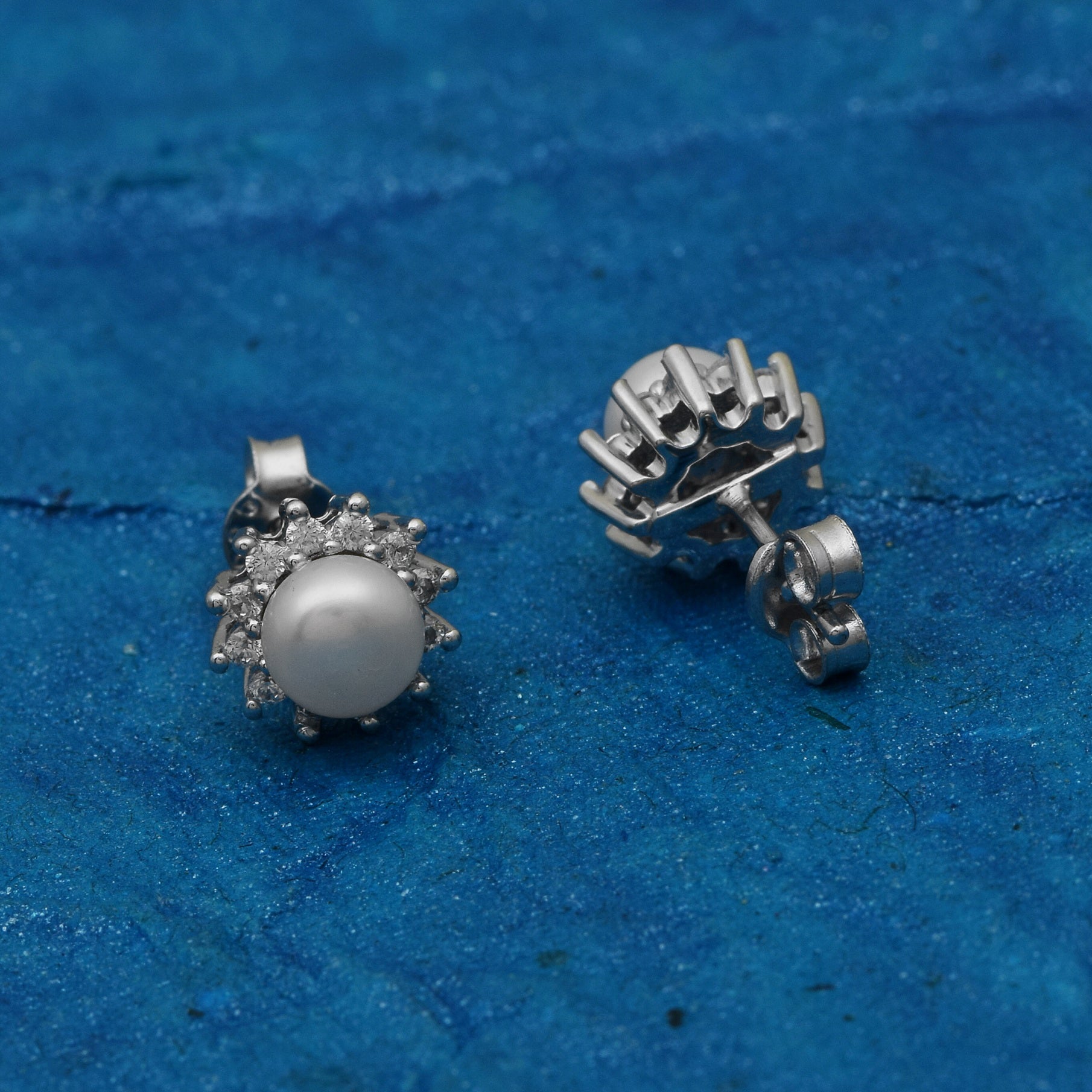 Pearl Solitaire Halo Stud Earrings - Sterling Silver