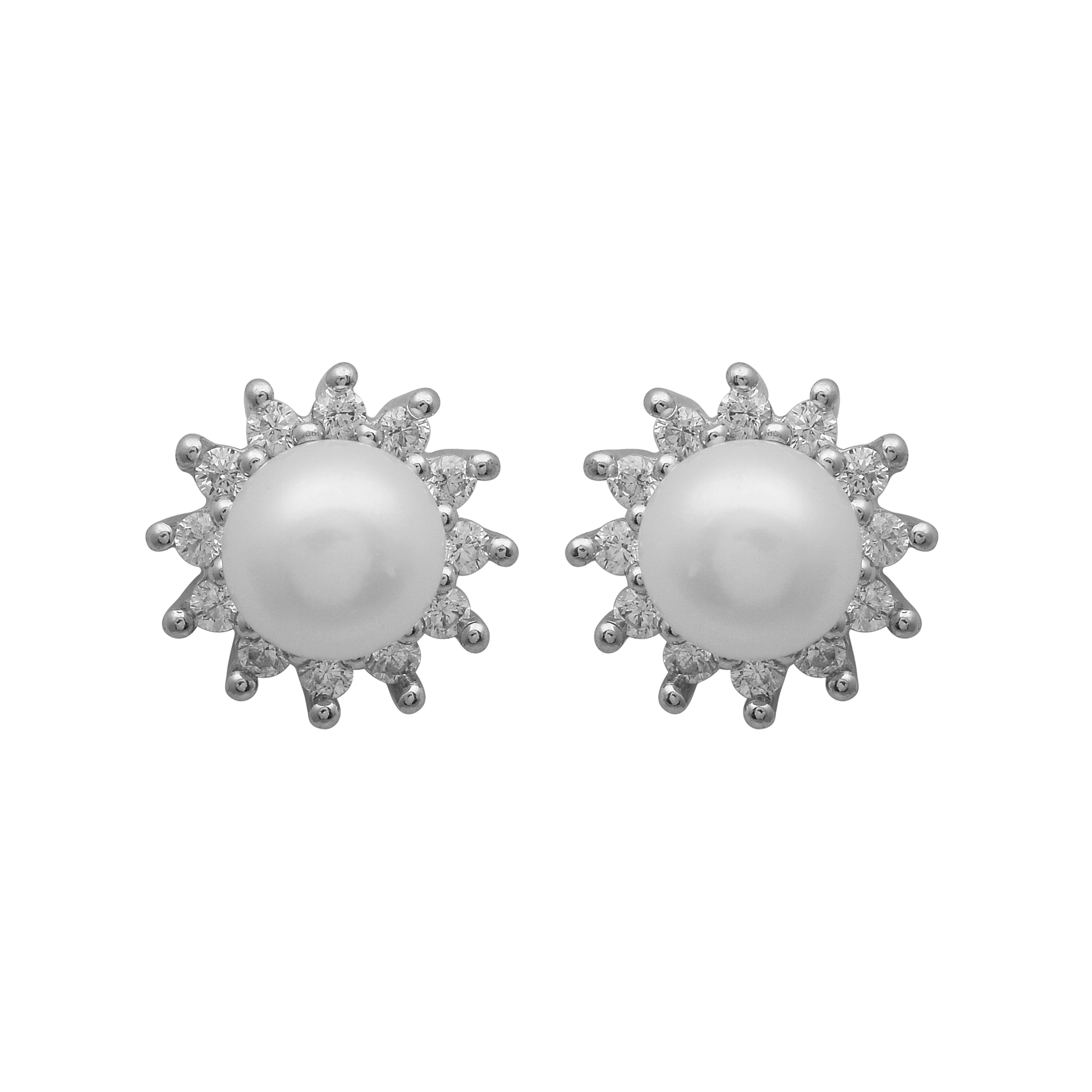 Pearl Solitaire Halo Stud Earrings - Sterling Silver