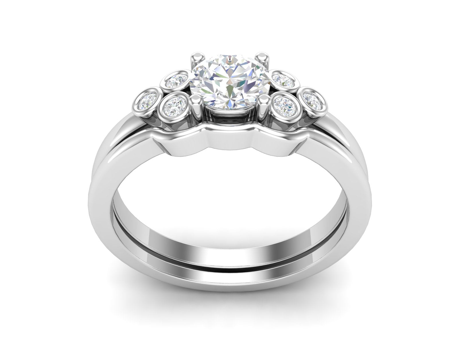 White CZ Solitaire With Trio Accents Ring - Sterling Silver