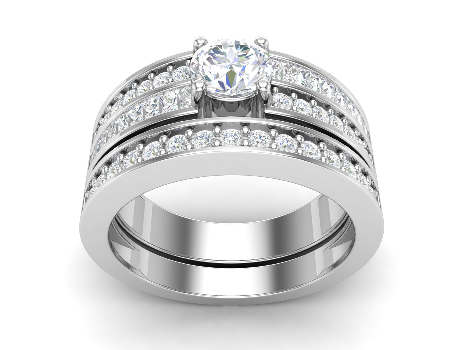 White CZ Triple Row Engagement Ring - Sterling Silver