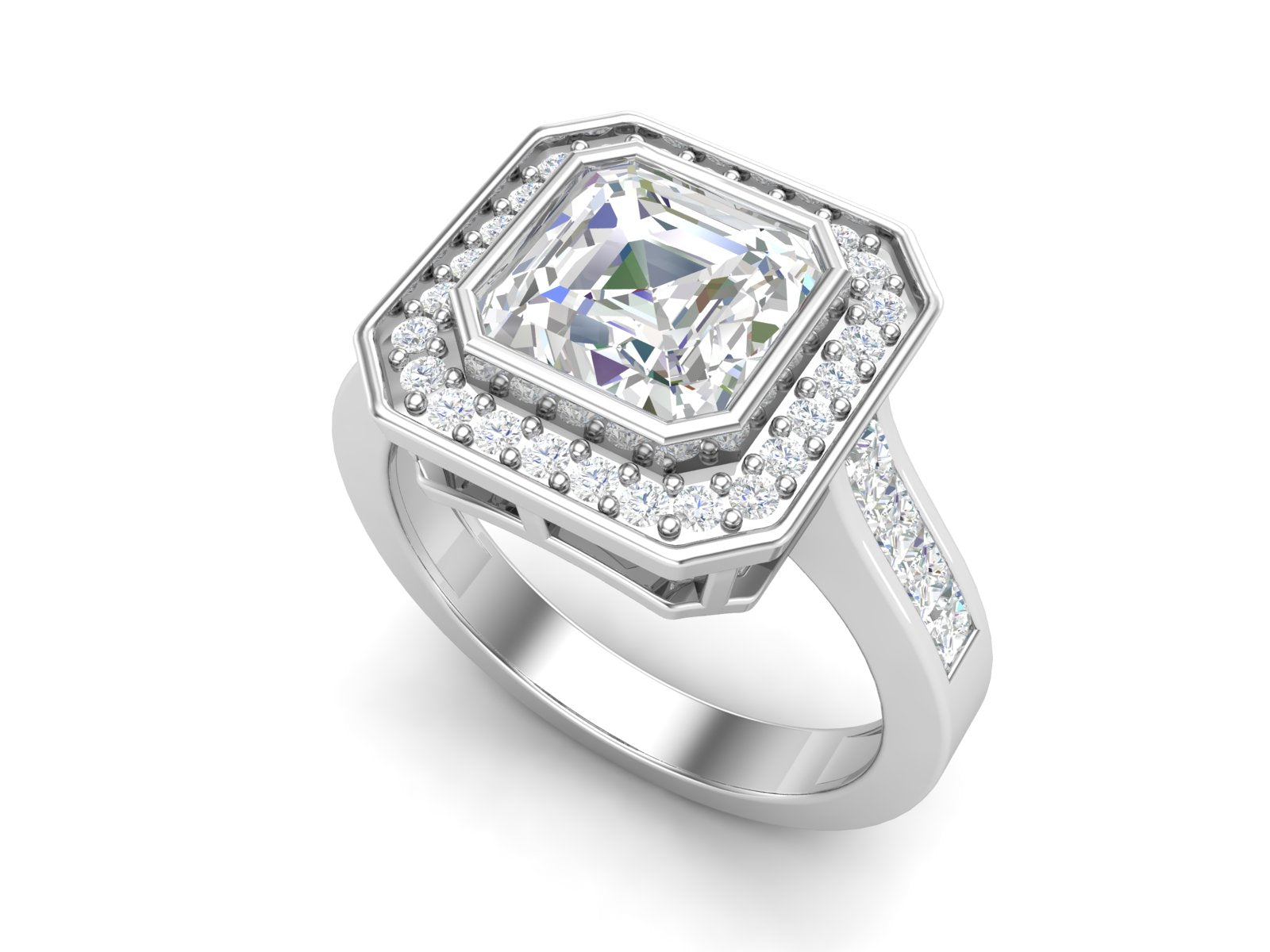 White CZ Solitaire Halo Ring - Sterling Silver