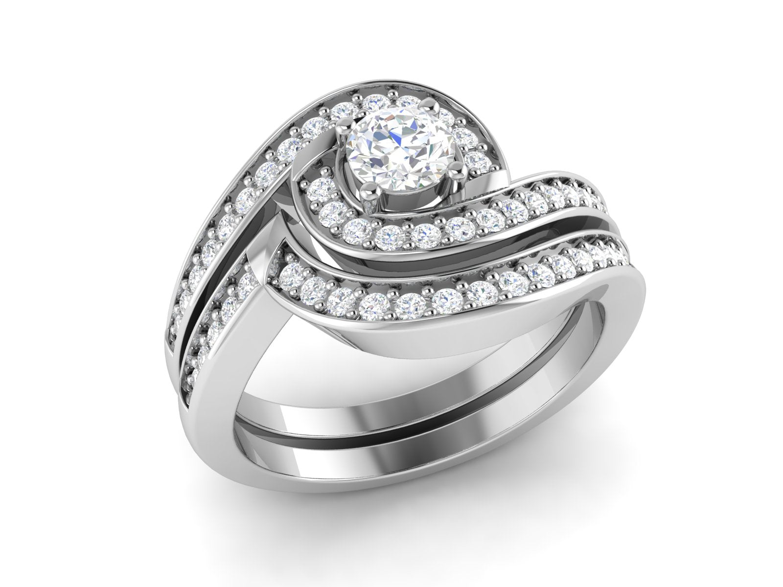 White CZ Curved Double Halo Design Ring - Sterling Silver