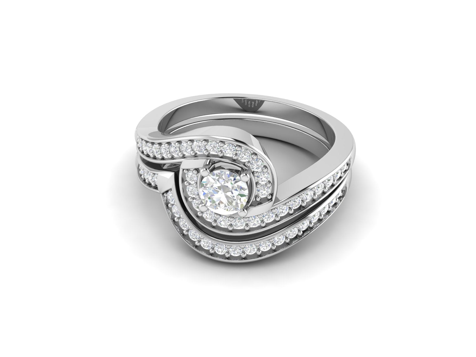 White CZ Curved Double Halo Design Ring - Sterling Silver