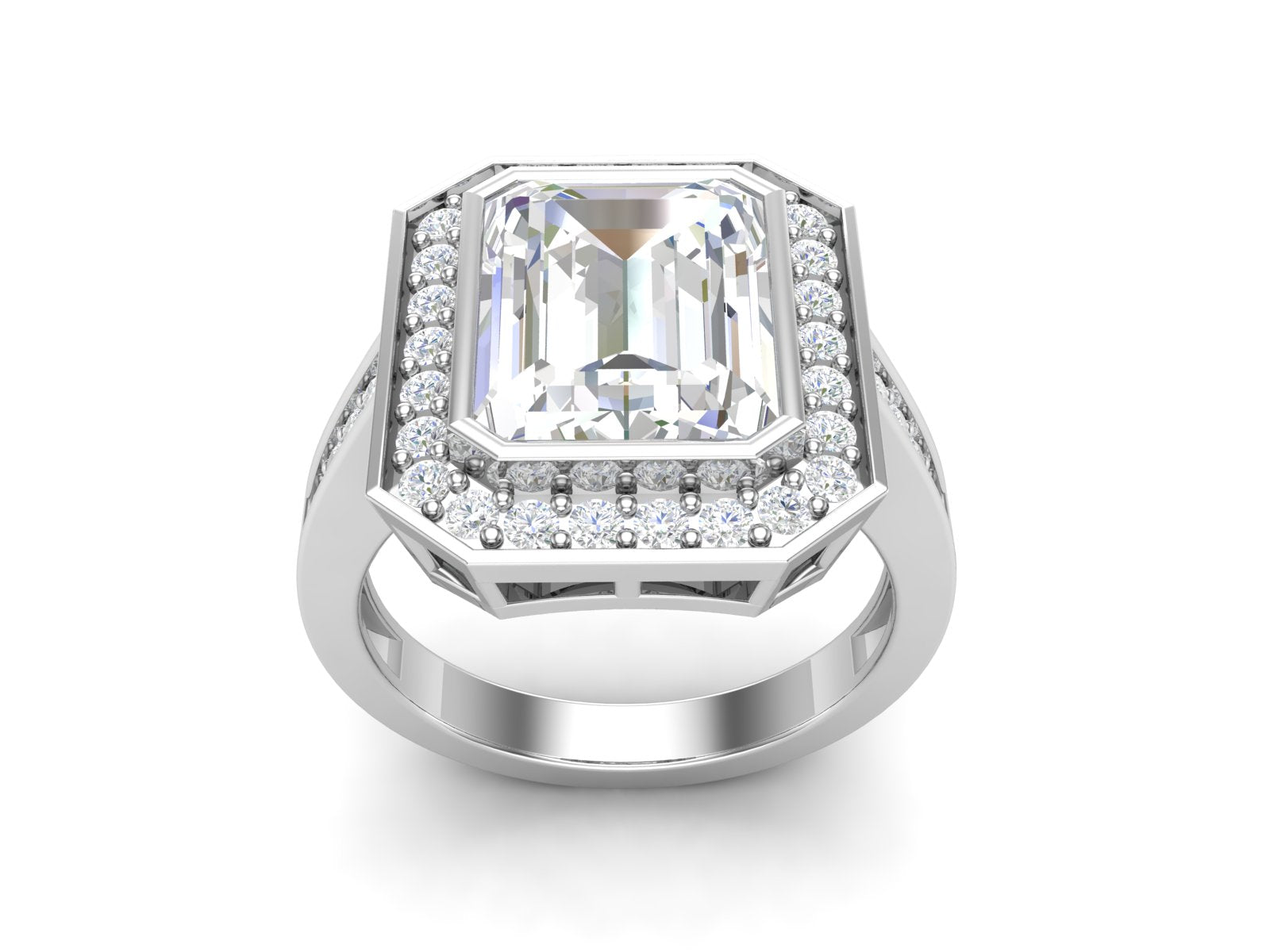 White CZ Emerald Cut Halo Ring - Sterling Silver