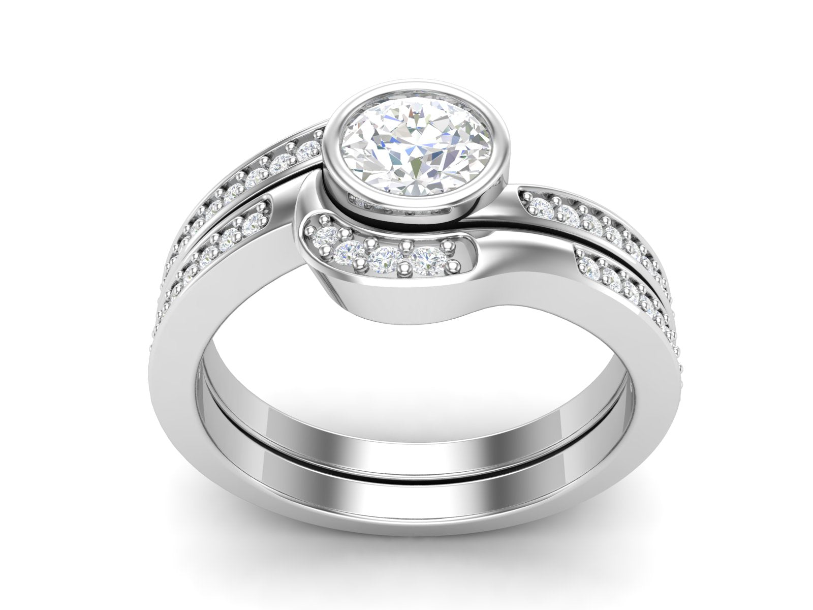 White CZ Bezel Set Curved Split Band Ring - Sterling Silver