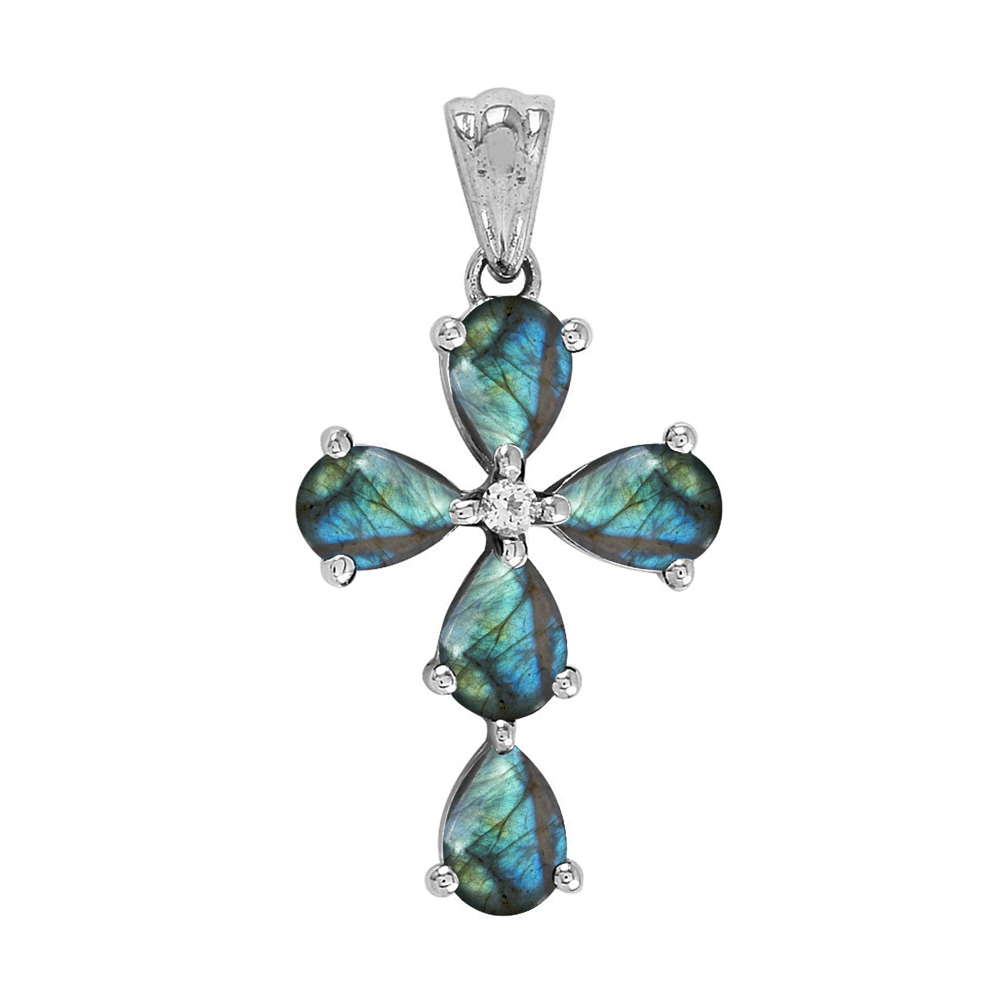 Multi Stone Christian Cross Pendant -Sterling Silver