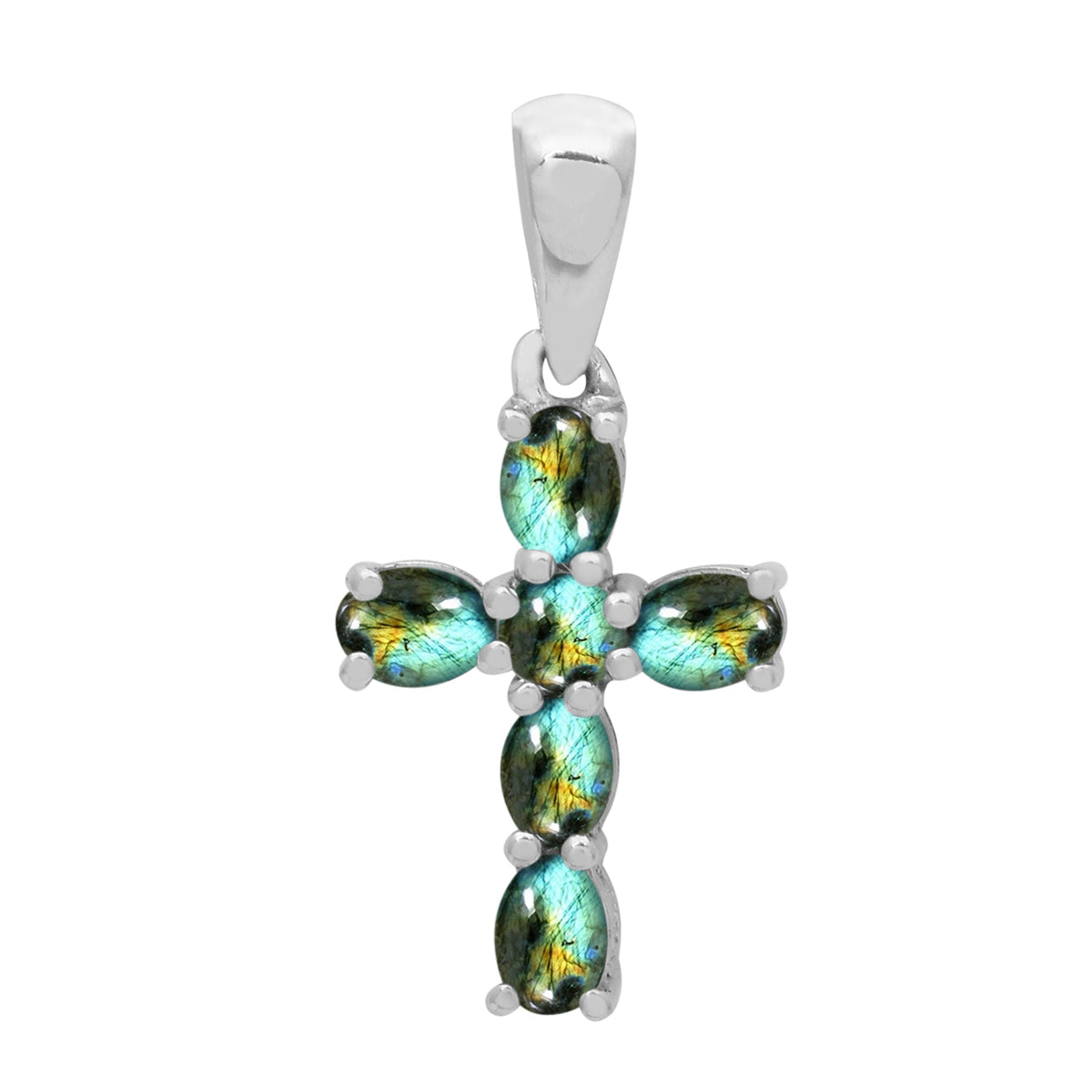 Multi Stone Religious Cross Pendant -Sterling Silver