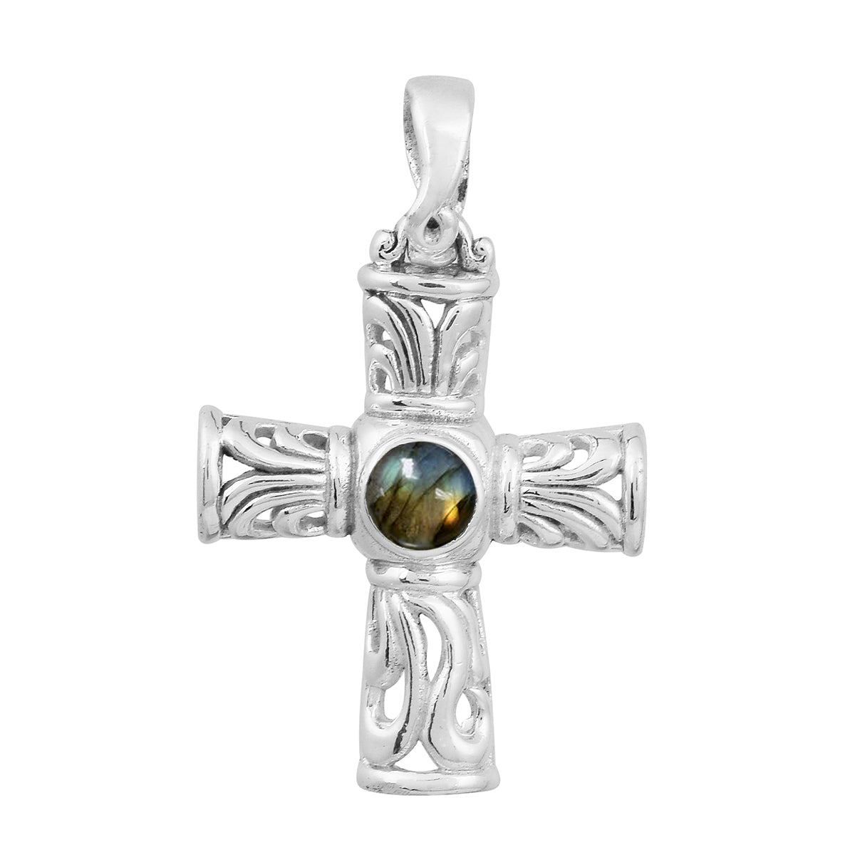 Multi Stone Ornate Cross Pendant -Sterling Silver