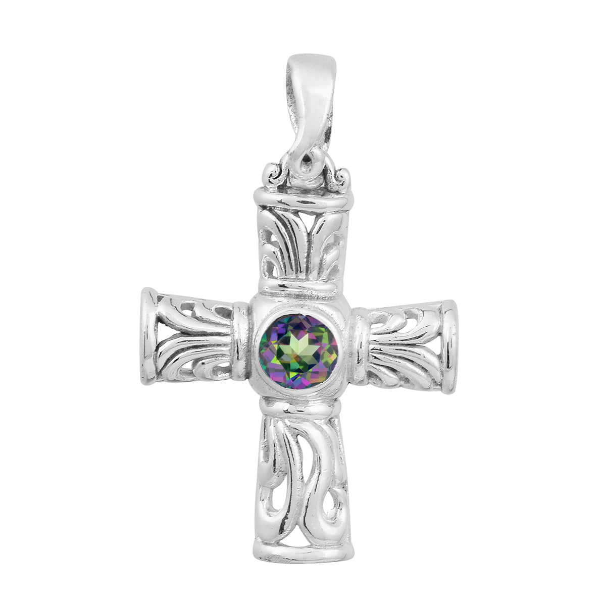 Multi Stone Ornate Cross Pendant -Sterling Silver