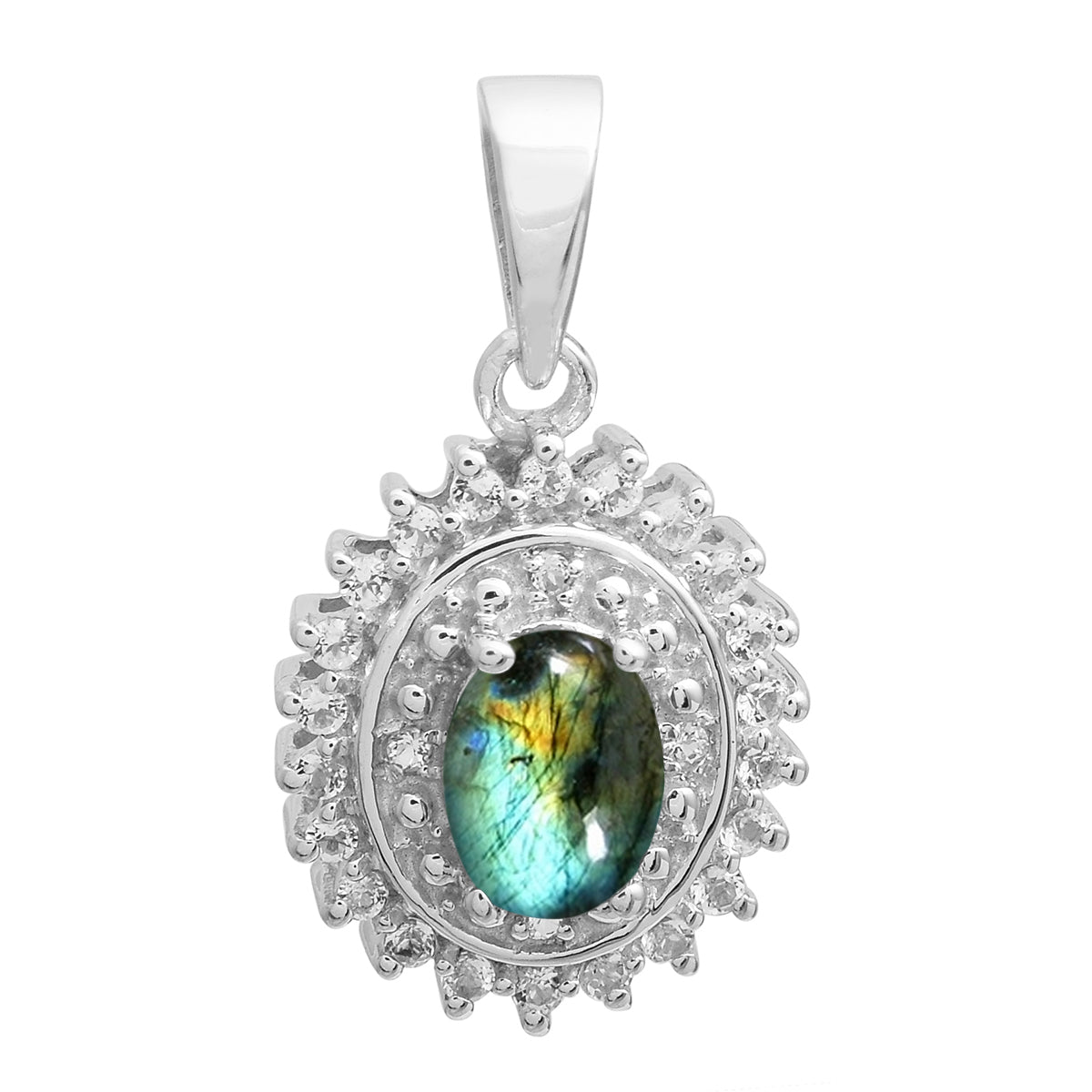 Multi Stone Oval Cut Halo Pendant - Sterling Silver