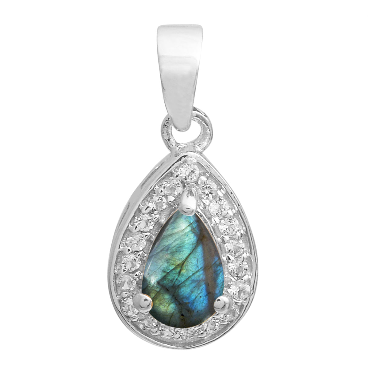 Multi Stone Pear Halo Pendant - Sterling Silver
