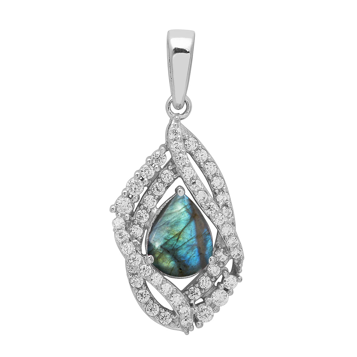 Multi Stone Pear Halo Pendant - Sterling Silver