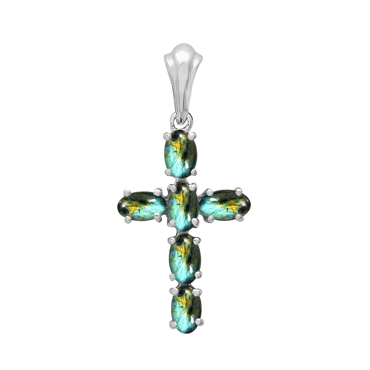 Multi Stone Religious Cross Pendant -Sterling Silver