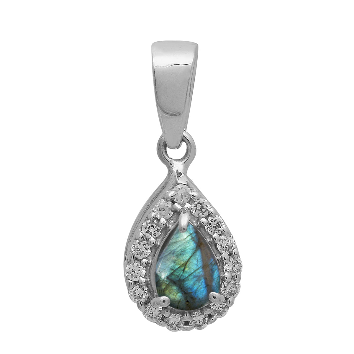 Multi Stone Pear Halo Pendant - Sterling Silver