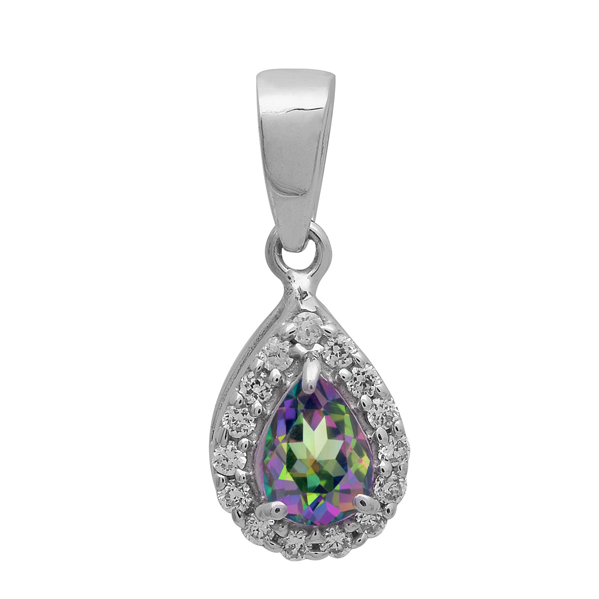 Multi Stone Pear Halo Pendant - Sterling Silver