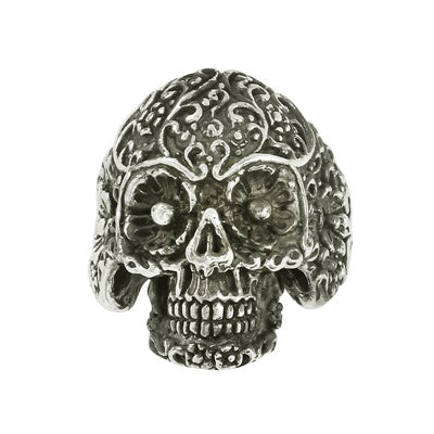 Ornate Floral Engraved Design Skull Ring - Sterling Silver