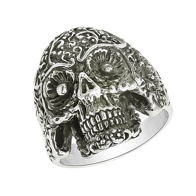 Anello con tatuaggio a forma di teschio con fiore gotico