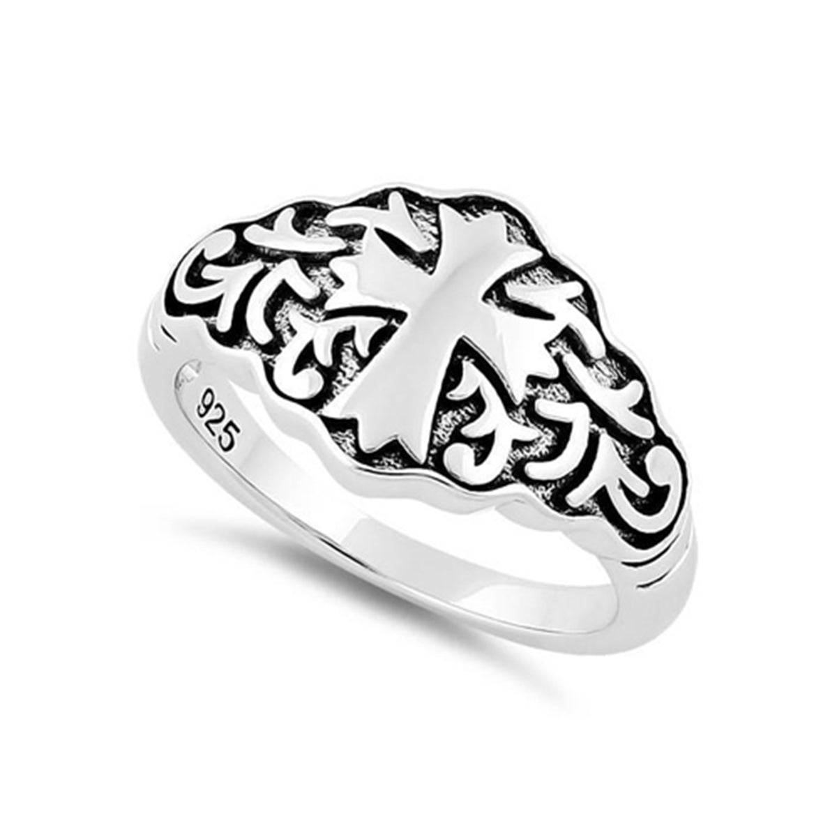 Oxidized Vine Pattern Design Cross Ring - Sterling Silver