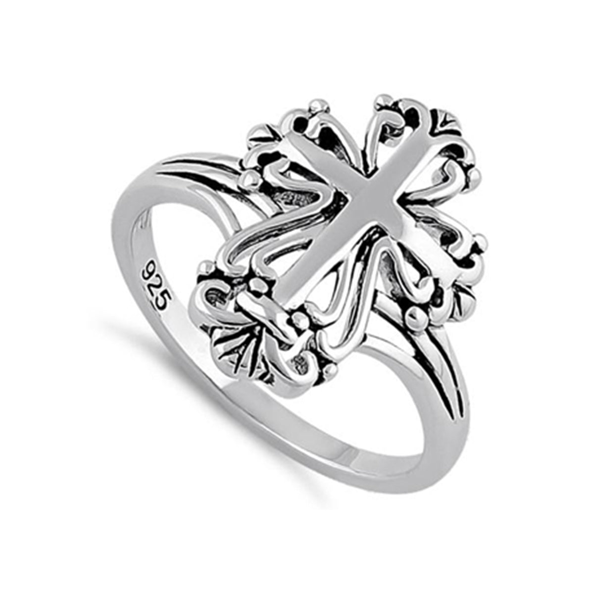 Ornate Scrollwork Cross Design Ring - Sterling Silver