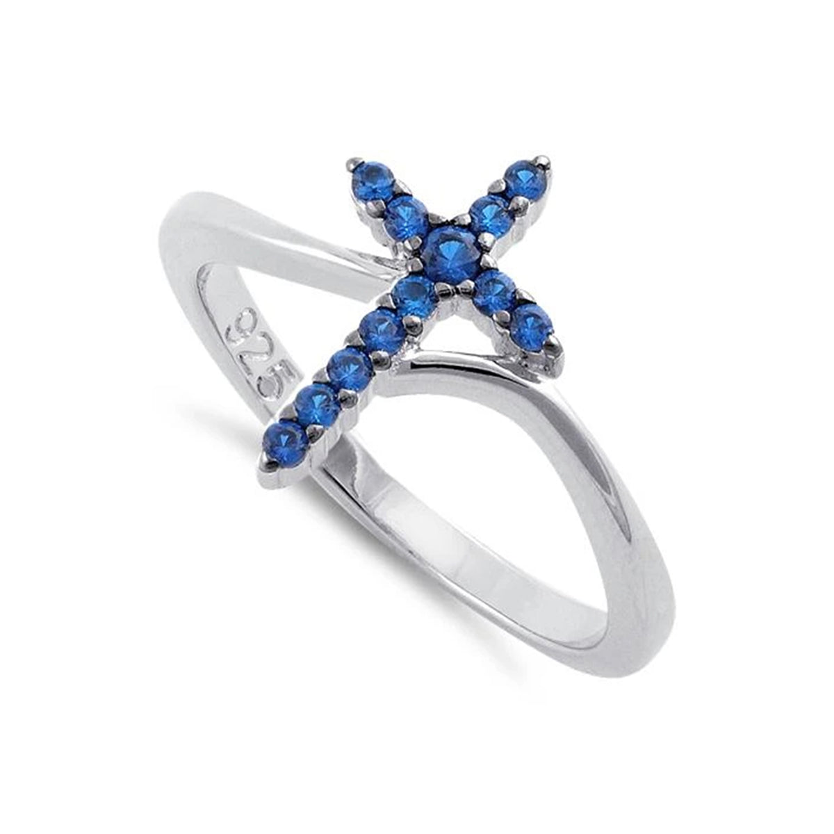 Blue Sapphire Cross Ring - Sterling Silver