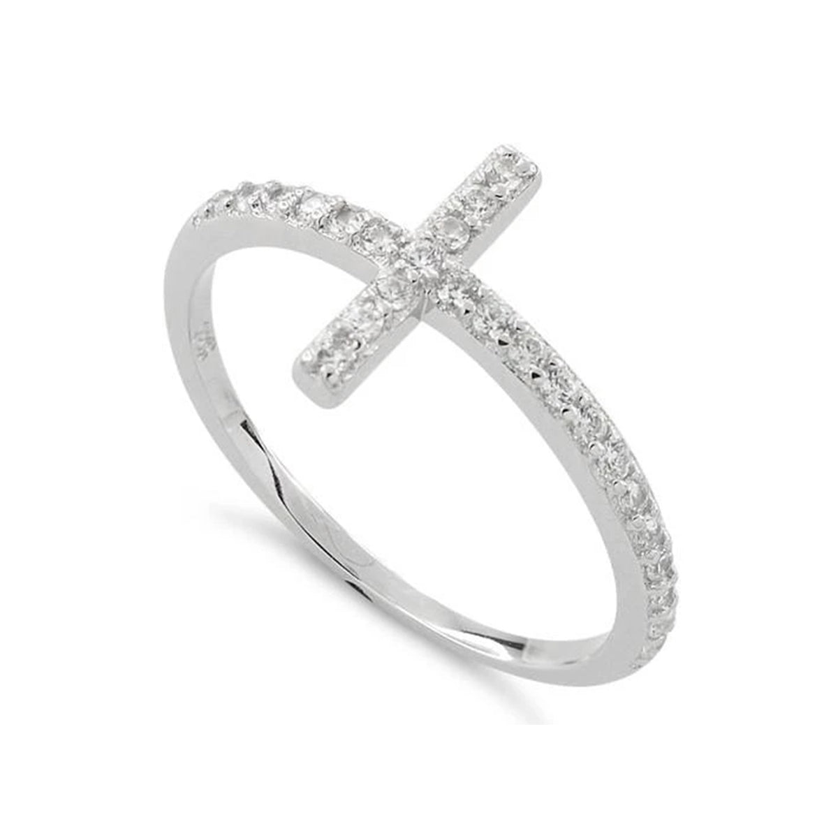 White CZ Christian Cross Ring - Sterling Silver