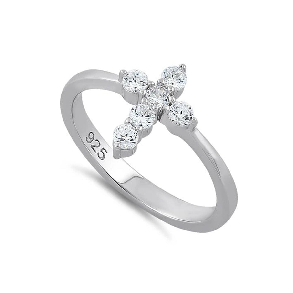White CZ Christian Cross Ring - Sterling Silver