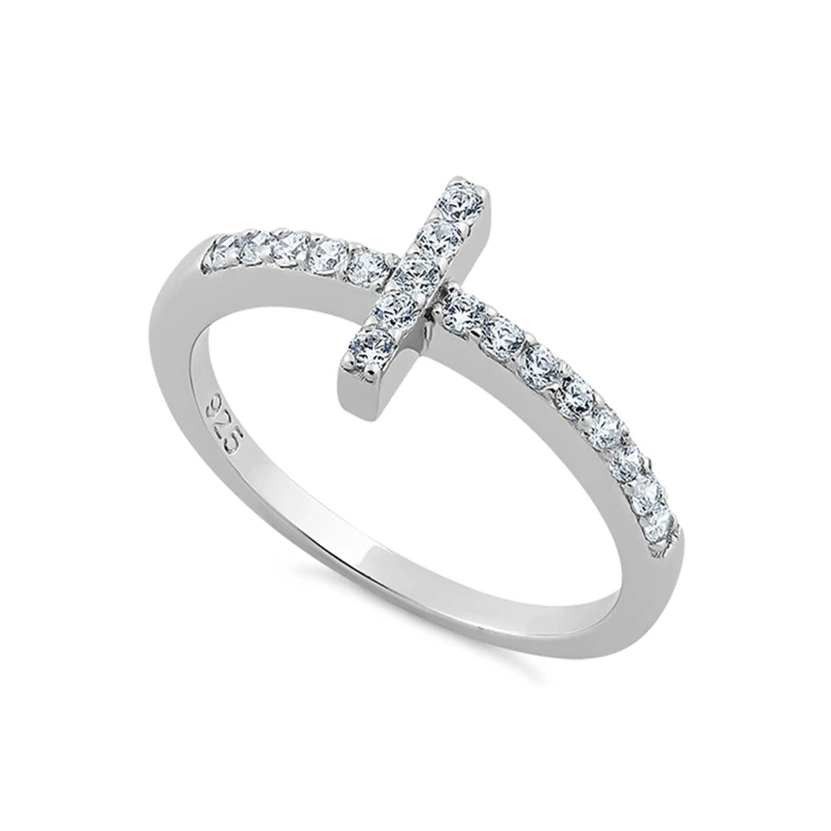 White CZ Christian Cross Ring - Sterling Silver