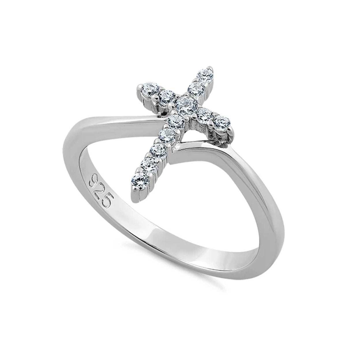 White CZ Christian Cross Ring - Sterling Silver