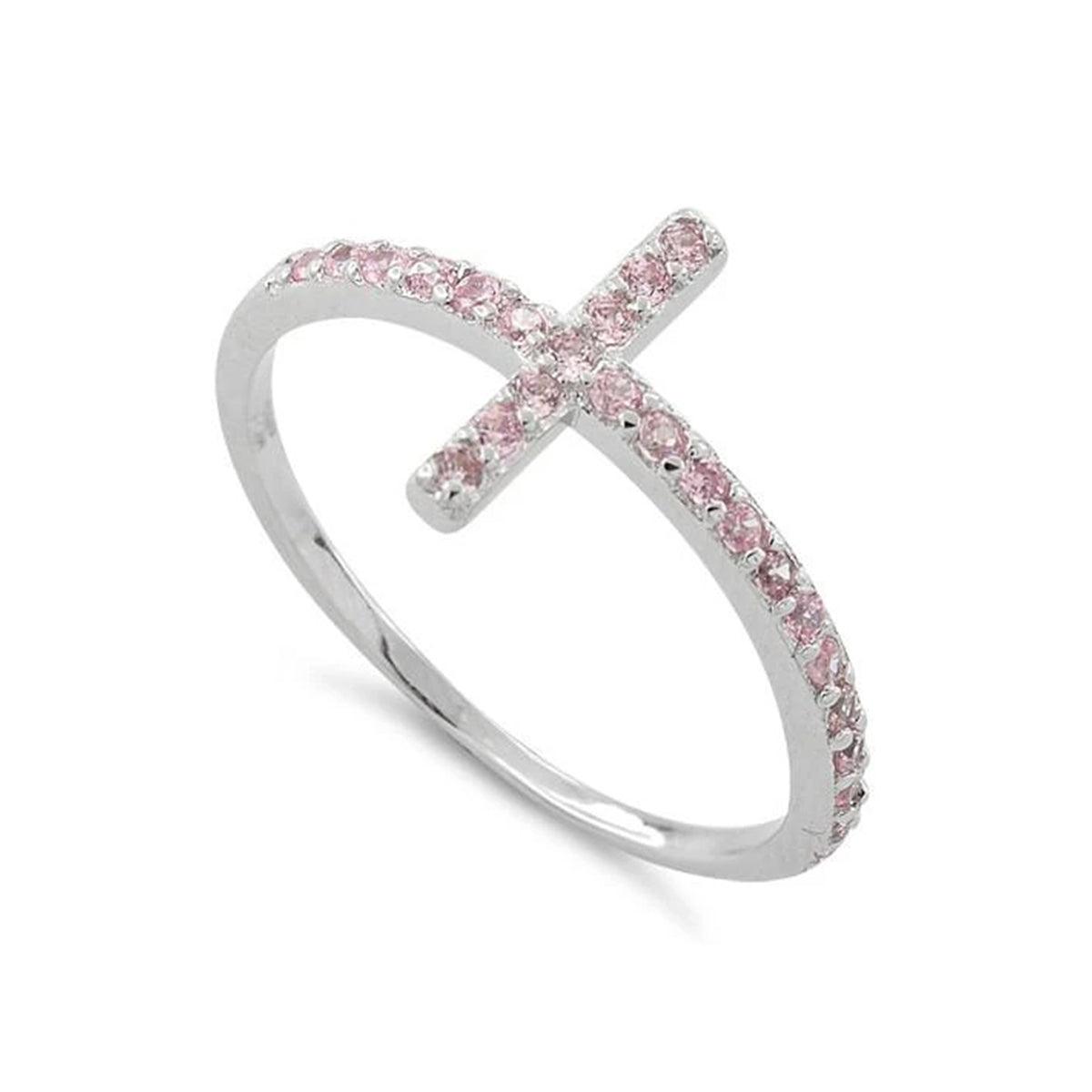 Pink CZ Christian Cross Ring - Sterling Silver
