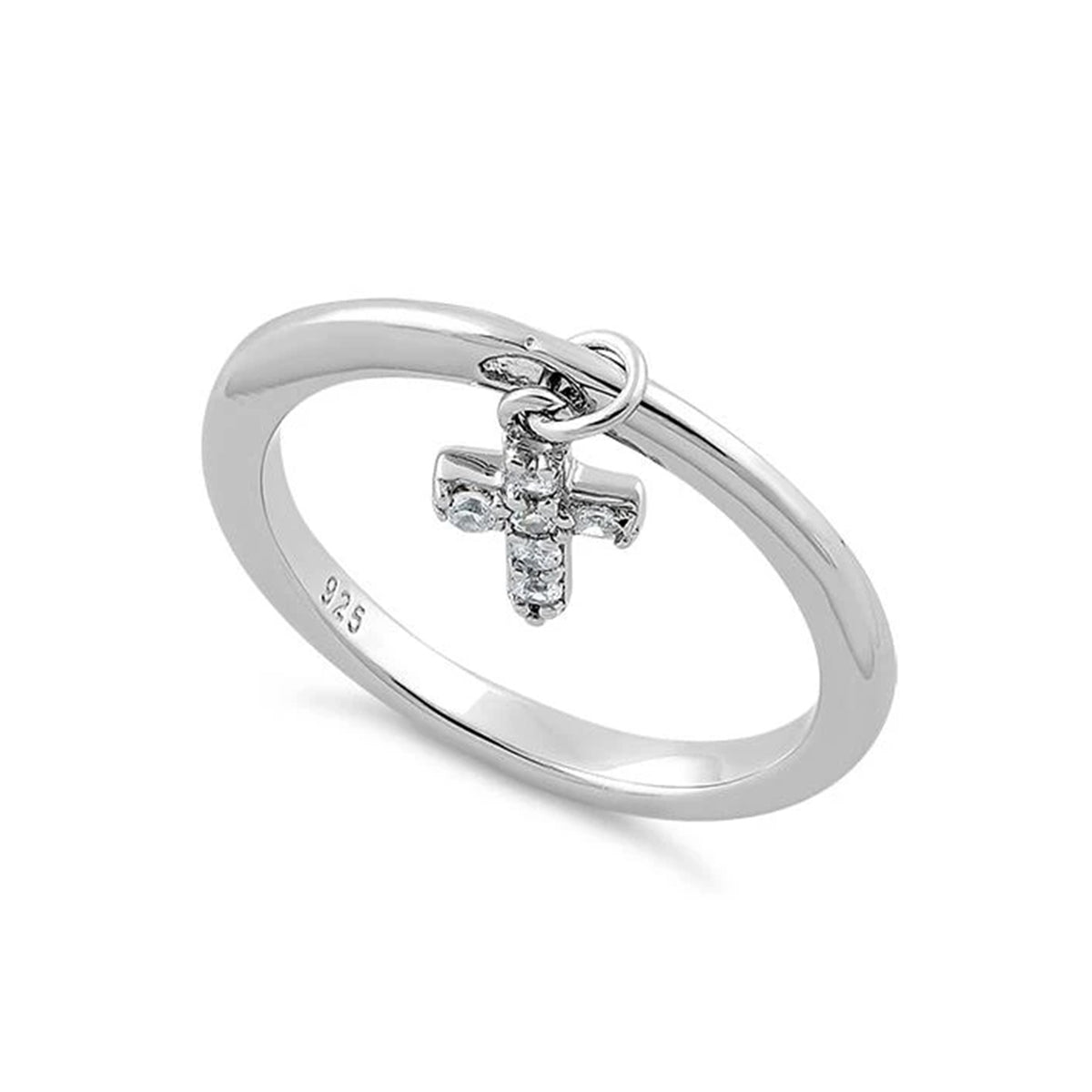 White CZ Dangling Cross Ring - Sterling Silver