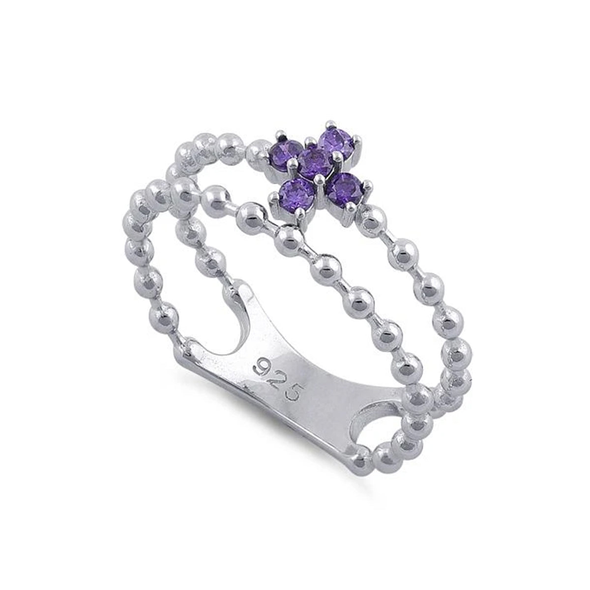 Amethyst Double Beaded Band Ring - Sterling Silver