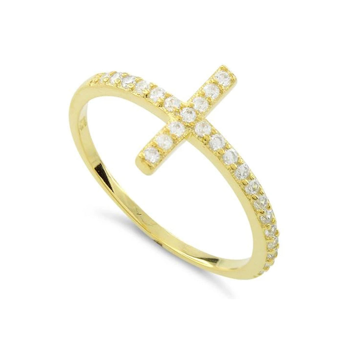 White CZ Christian Cross Ring - Sterling Silver Gold Plated