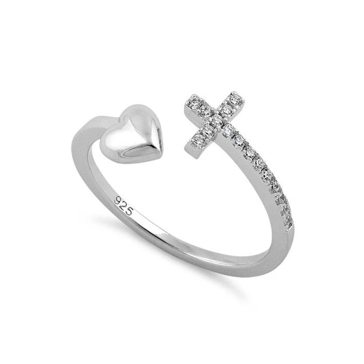 White CZ Heart & Cross Open Band Ring - Sterling Silver