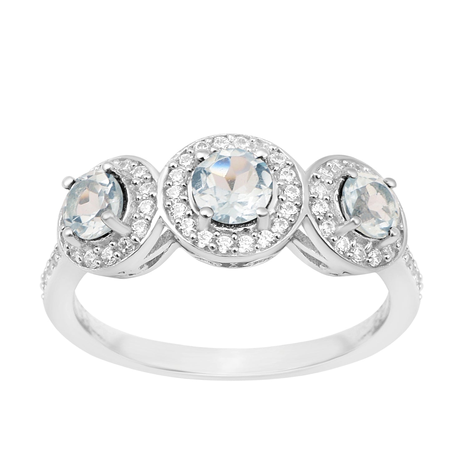 Aquamarine Triple Halo Design Ring – Sterling Silver
