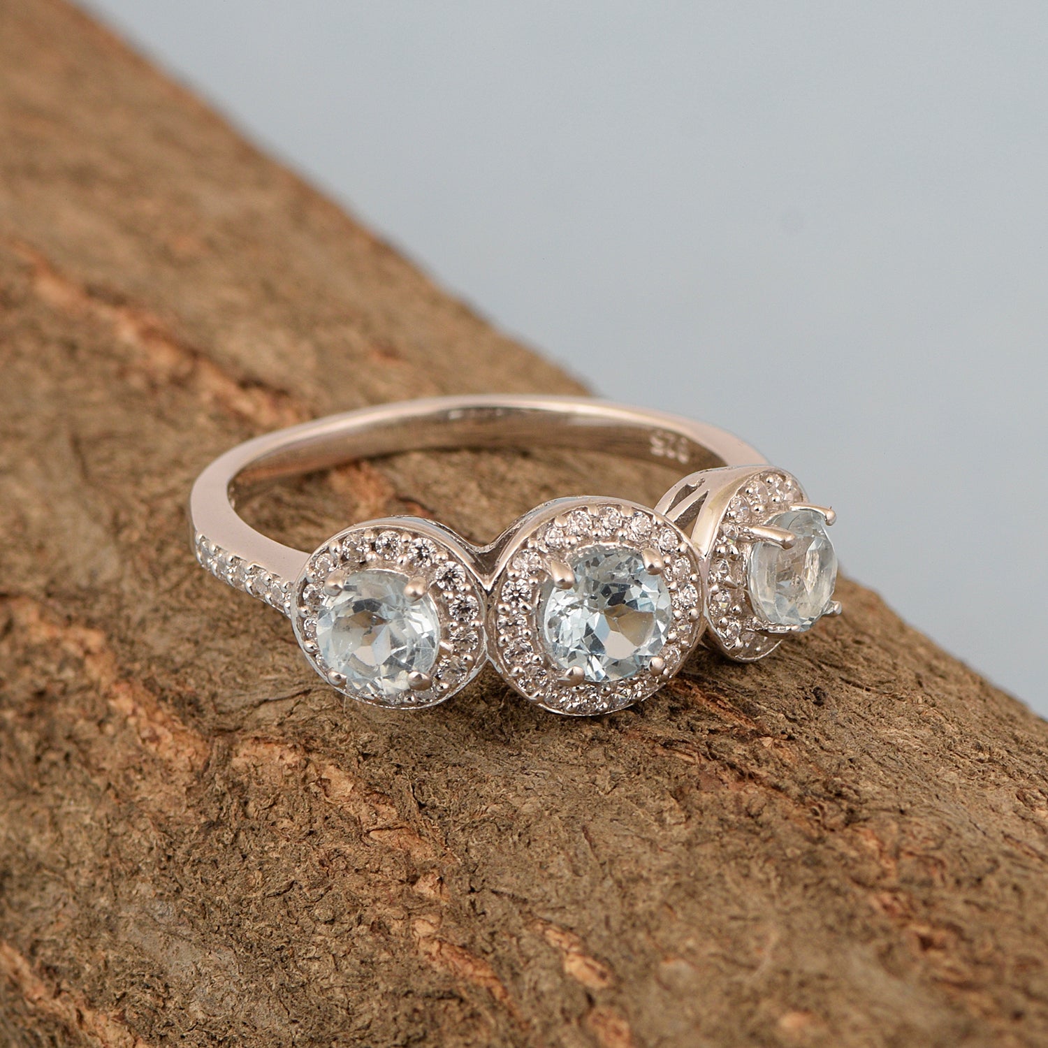 Aquamarine Triple Halo Design Ring – Sterling Silver